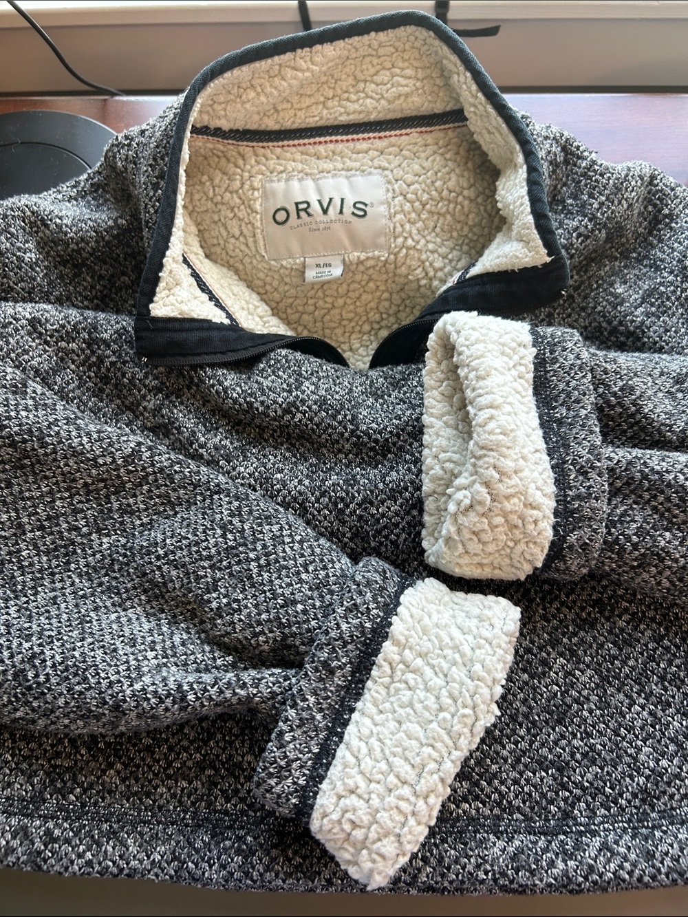 Orvis boyfriends pullover 3/4 zip black grey weave boxy comfy warm for fall